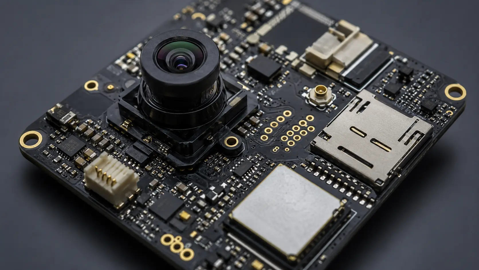 PCBA de caméra IoT assemblée avec composants à pas fin et connecteurs