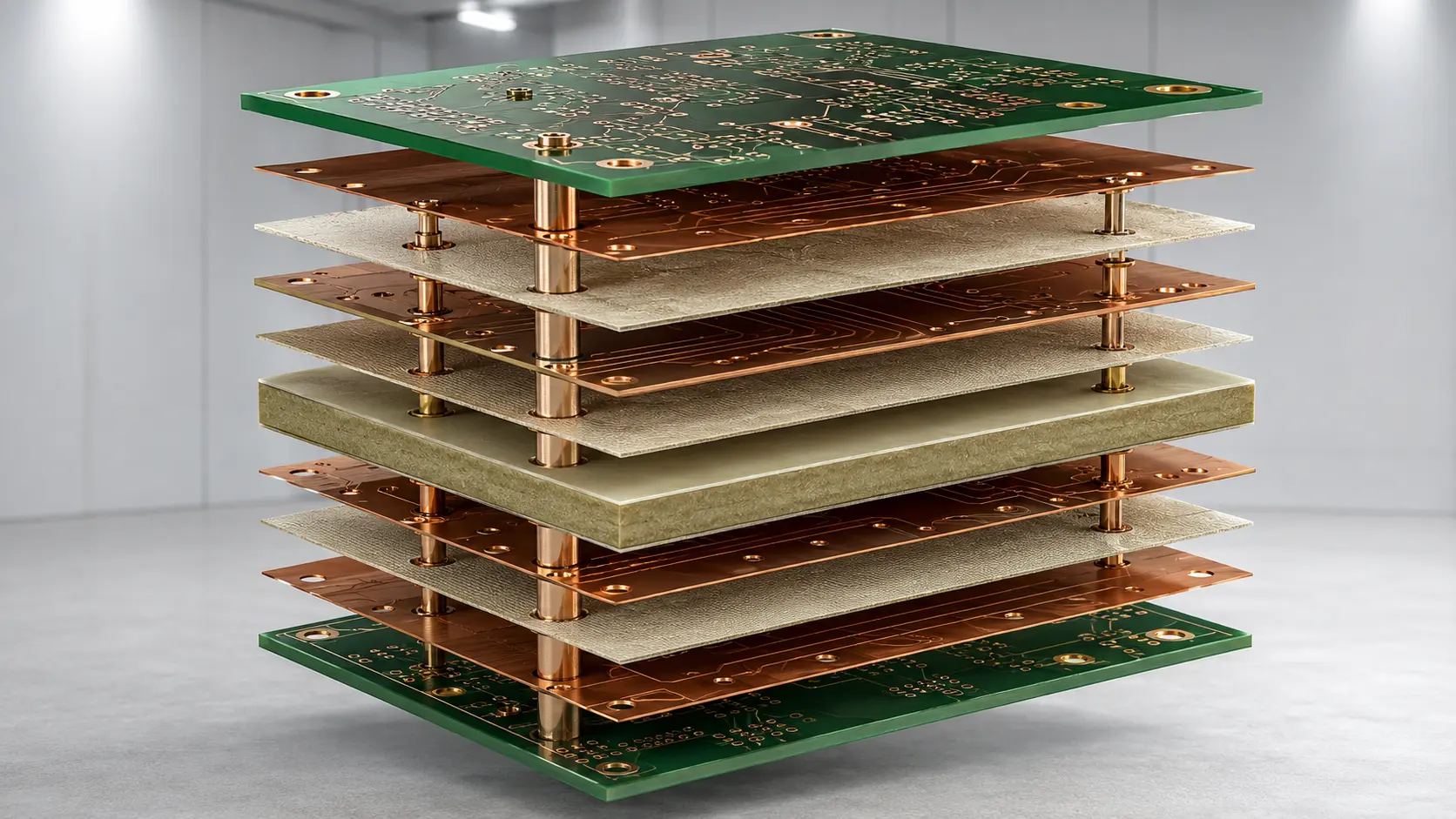 Multilayer PCB stack-up with copper layers, cores, prepreg, power planes, and signal layers