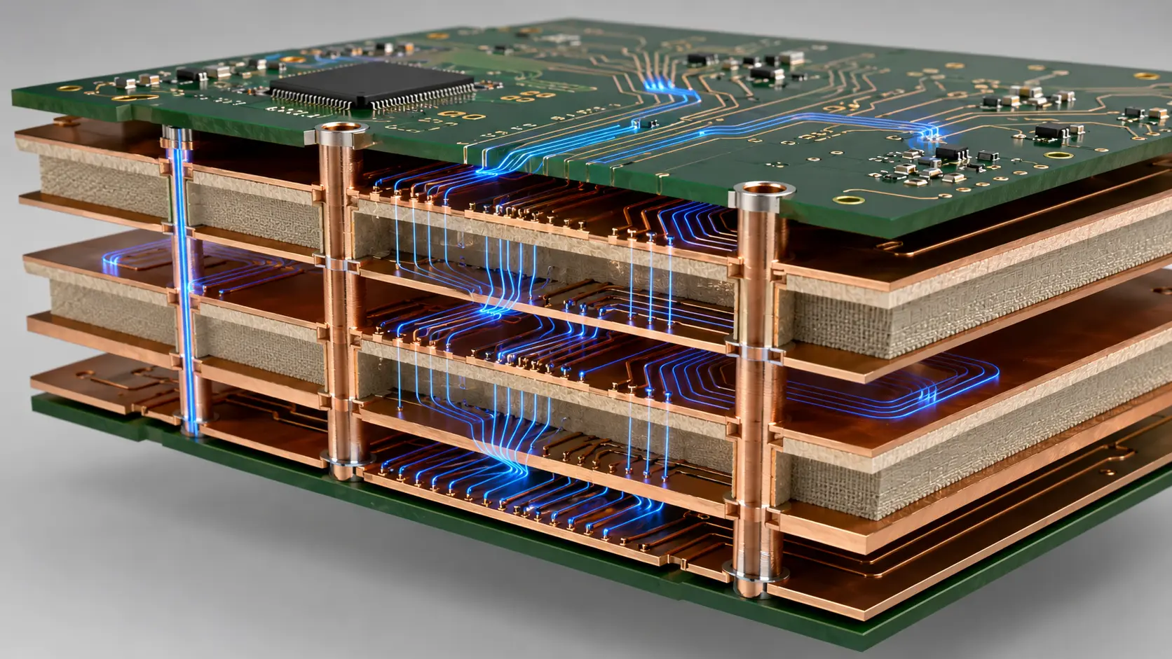 Multilayer PCB drilling and plated through hole connecting aligned internal copper layers