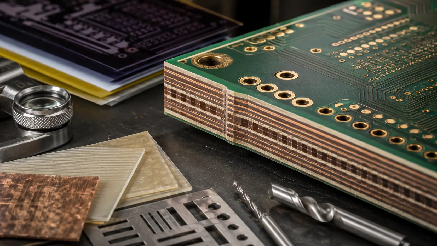 PCB fabrication drawing and stack-up review showing finished dimensions, copper layers, holes, and material requirements