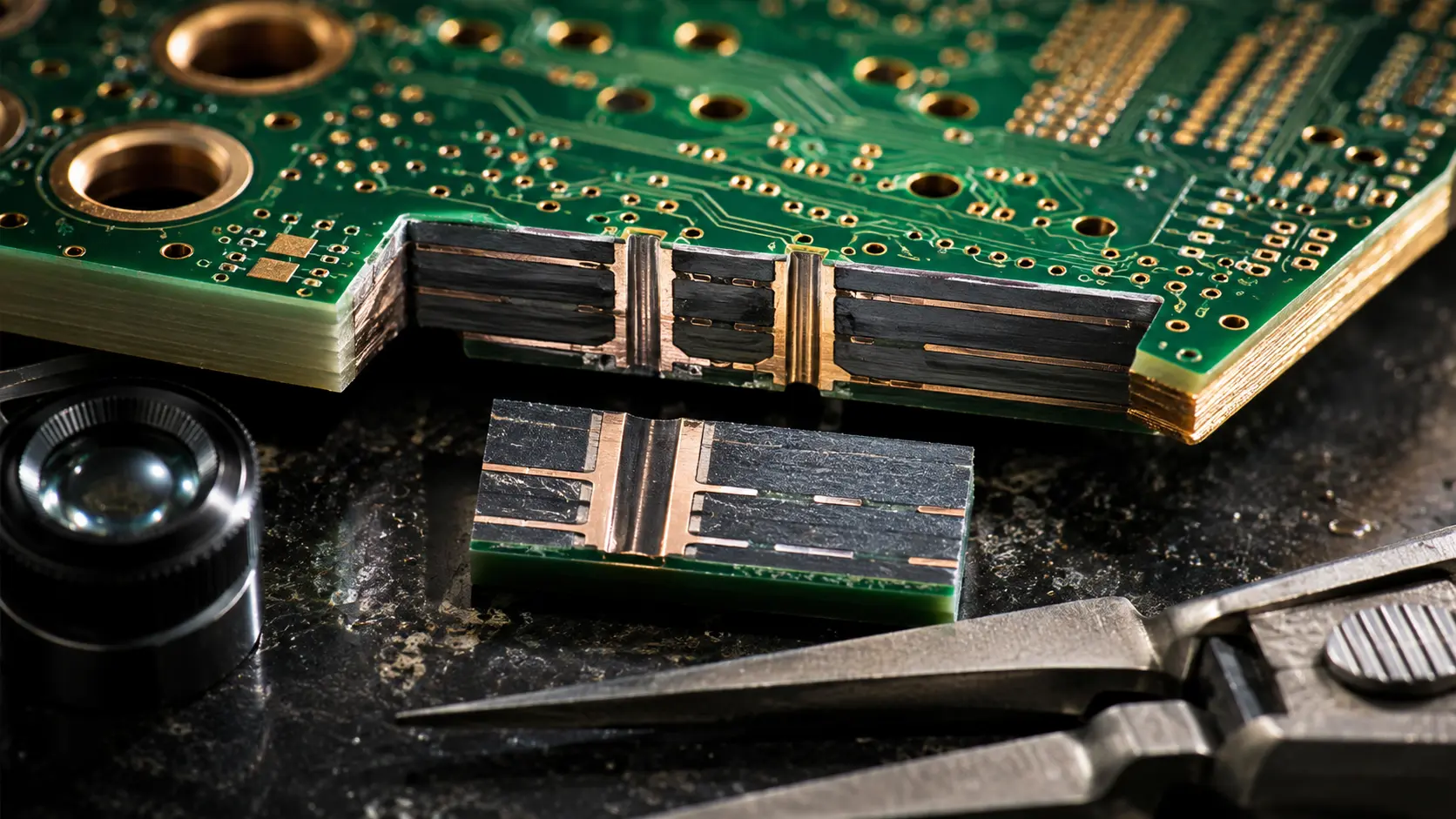 Coupe d'un PCB multicouche montrant les trous métallisés, les couches de cuivre internes, le bord et les pastilles dorées
