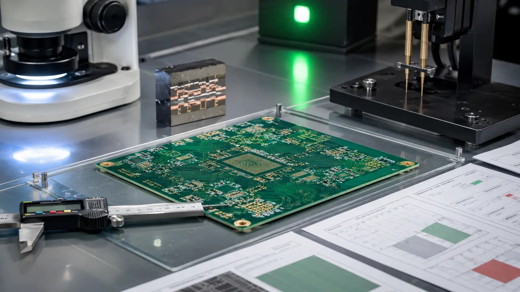Poste de contrôle du premier article PCB avec mesure dimensionnelle, sondes électriques, microscopie et rapports d'inspection