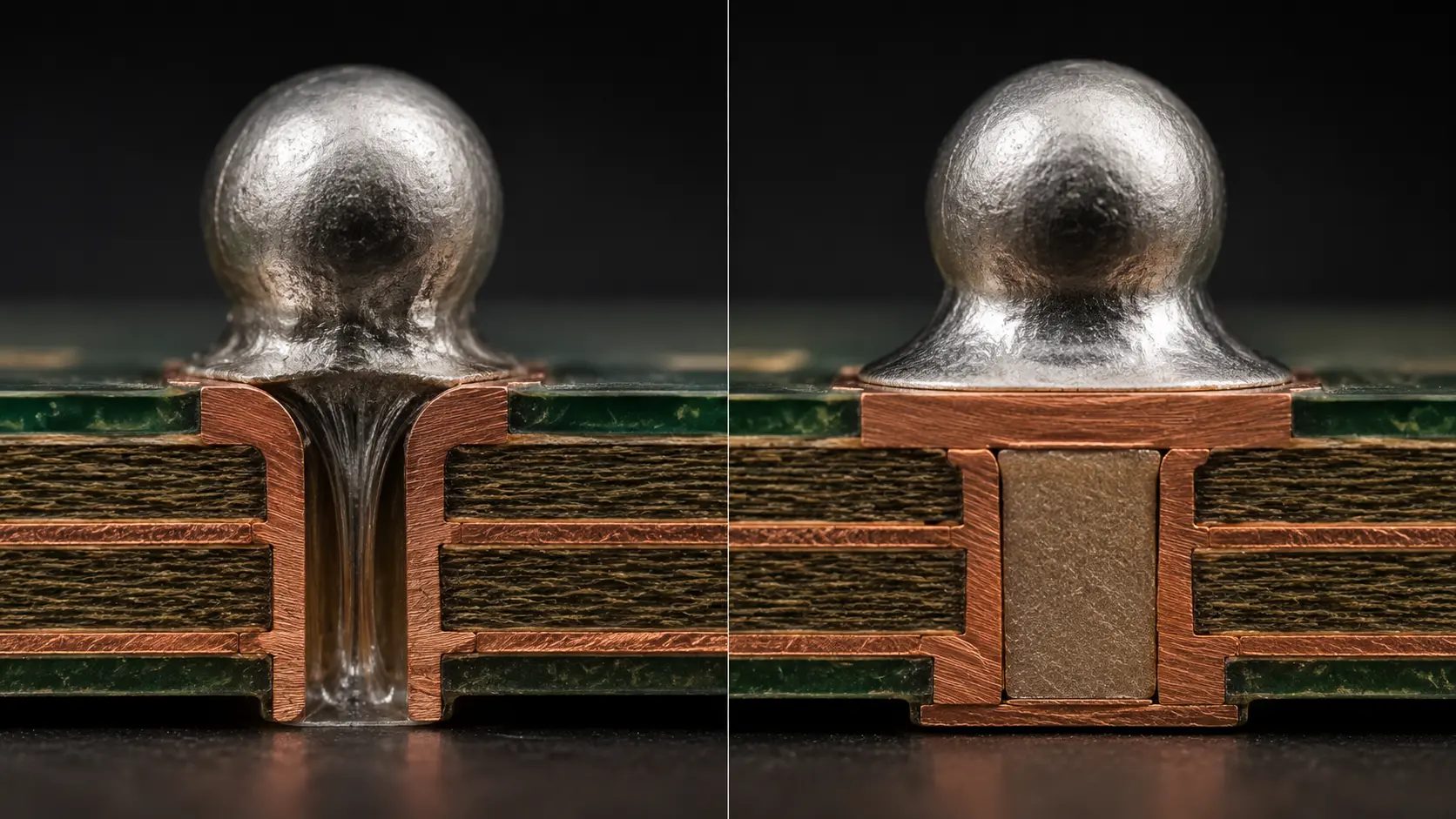 Comparison of solder wicking into an open via-in-pad and a stable solder joint on a filled copper-capped pad