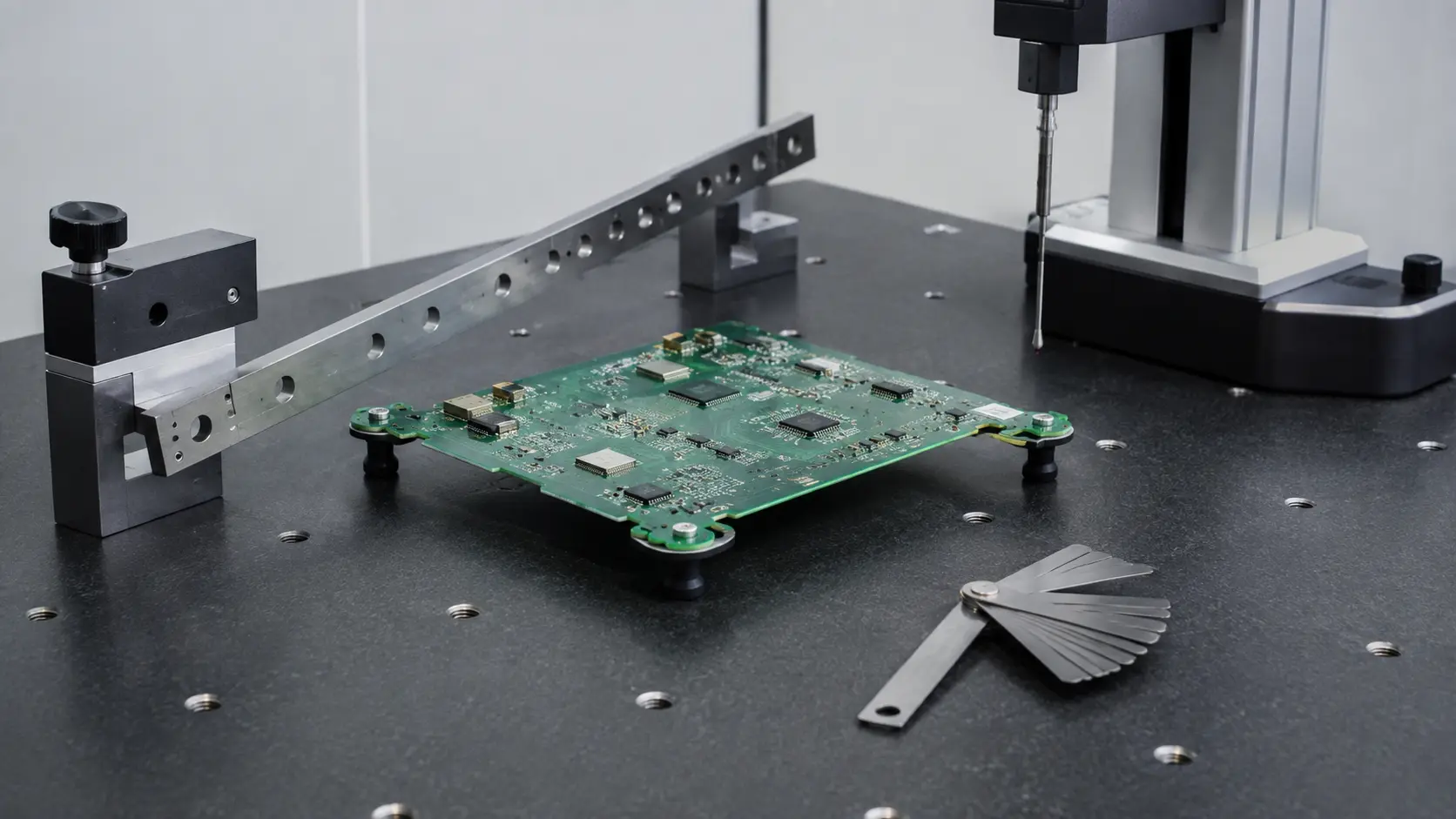 Messung von PCB Bow und Twist auf Präzisionsfläche mit Diagonalmaß, Fühlerlehren und optischer Höhenprüfung