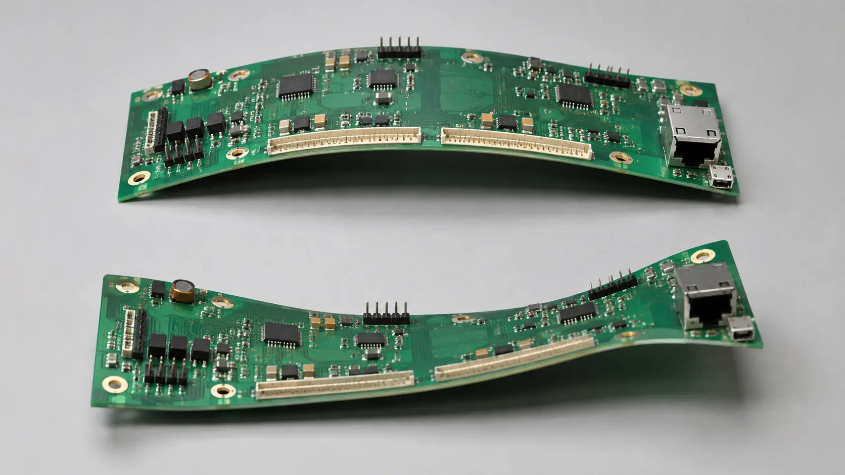 Vergleich von PCB Bow als gleichmäßige Krümmung und PCB Twist als diagonale Eckverformung