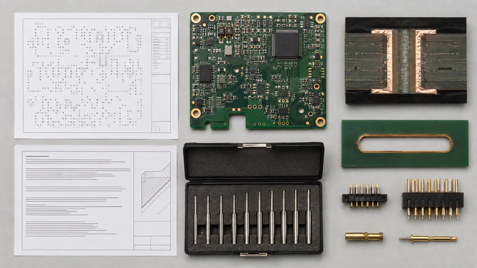 PCB hole verification using pin gauges, optical measurement, plated-hole cross-section, and connector fit evidence