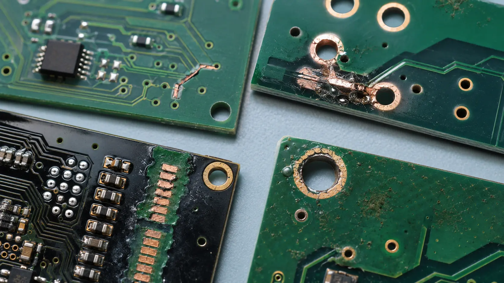Makrovergleich häufiger PCB-Fertigungsfehler wie Leiterunterbrechung, Kupferbrücke und Lötstoppversatz