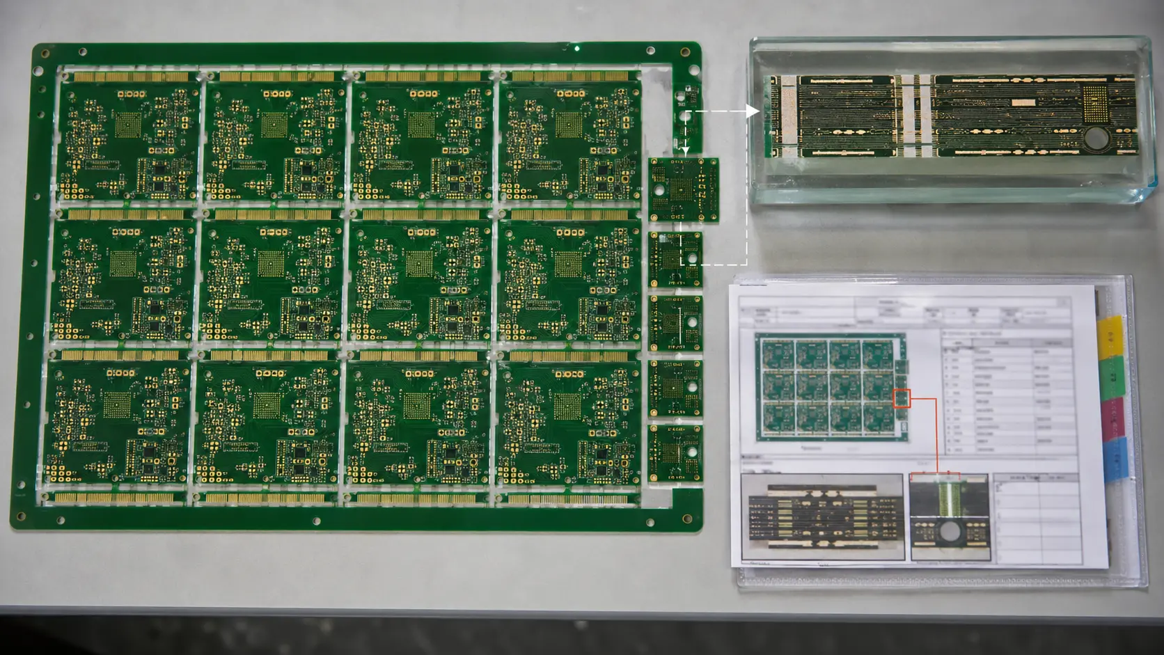 Panel إنتاج PCB مع test coupon وعينة microsection وسجل فحص قابل للتتبع