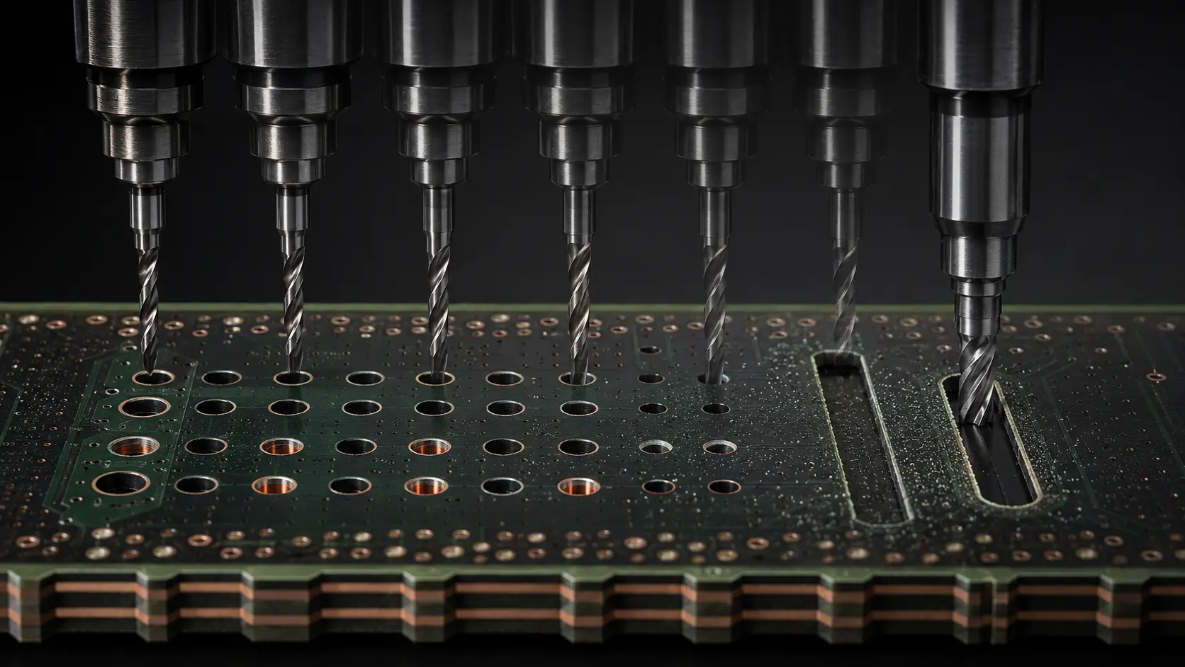 Close-up comparison of a plated PCB slot, non-plated routed cutout, and round drilled holes with defined endpoints