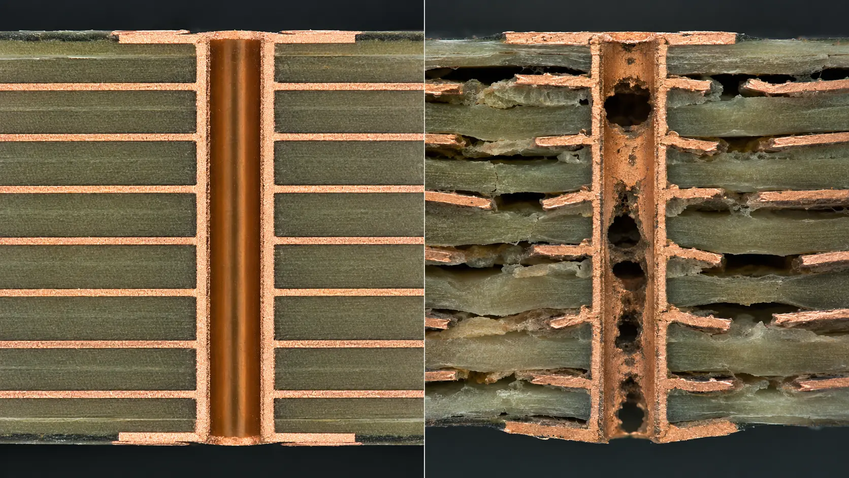 PCB-Querschnitt mit Lochkupfer, Innenlagenregistrierung und möglicher Delamination