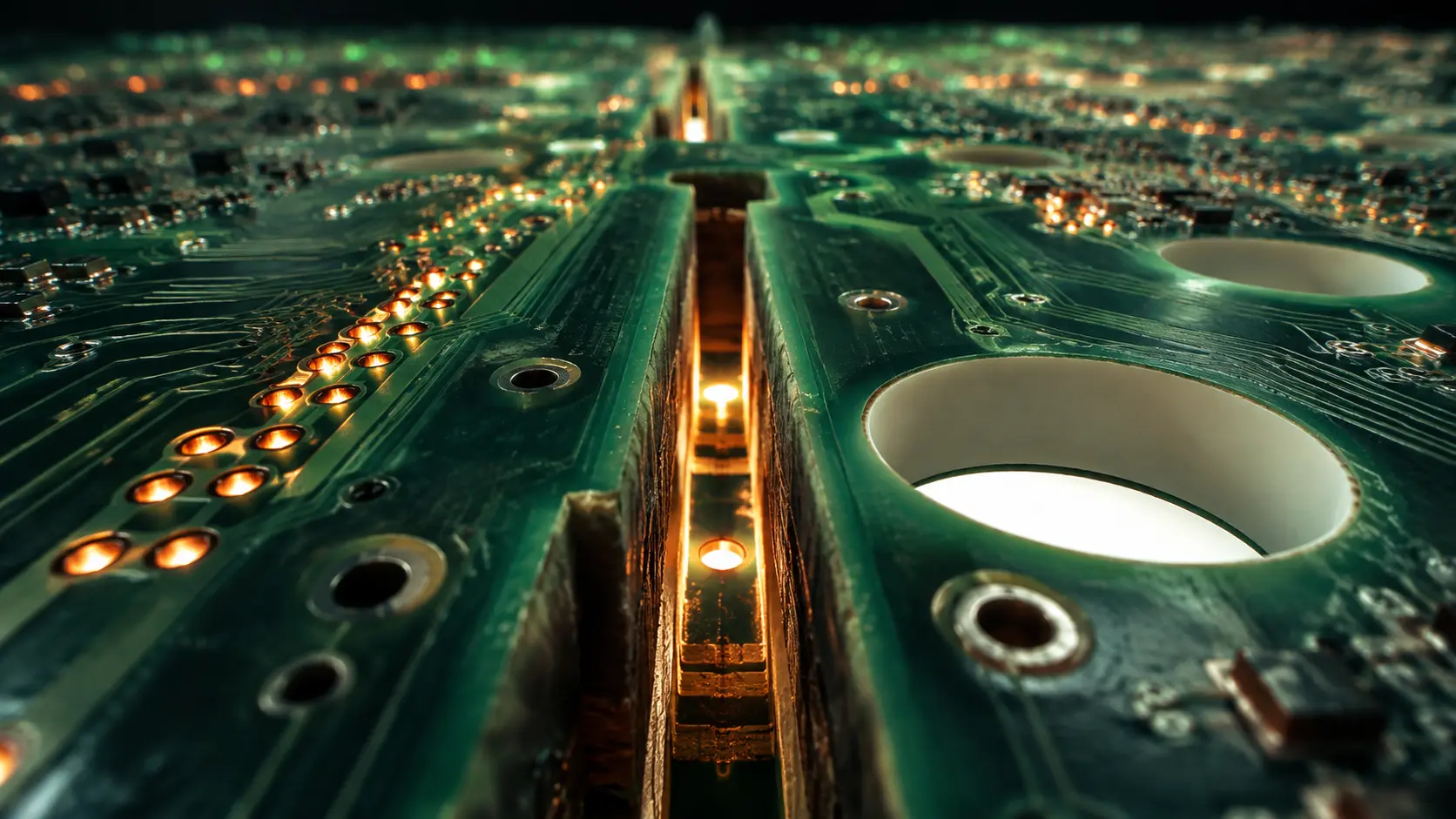 PCB showing plated through holes, non-plated mounting holes, vias, and routed slots as separate manufacturing features