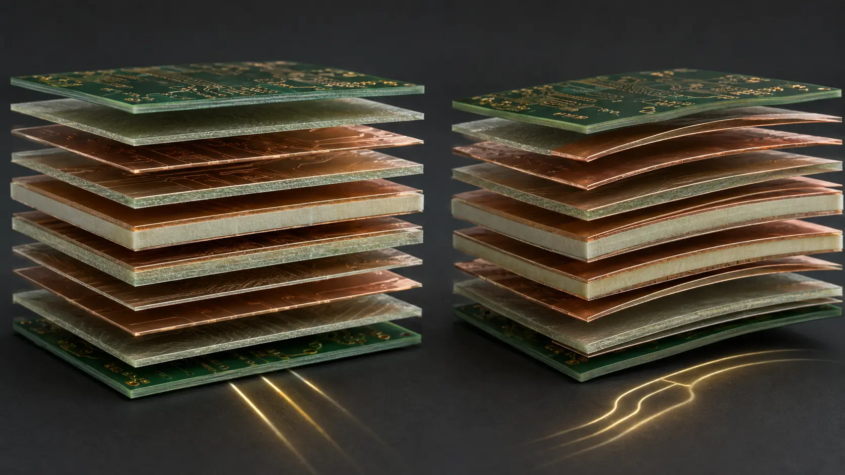Multilayer-PCB mit ausgeglichenem Stack-up und Kupferbild im Vergleich zu asymmetrischem Aufbau mit Krümmung nach Laminierung
